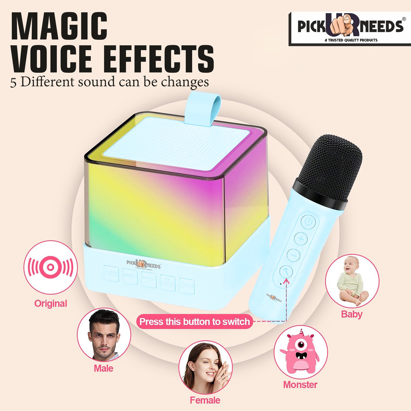 Pick Ur Needs Rechargeable Karaoke Mike 4 Type Voice RGB Light For Singing Bluetooth Speaker Microphone  (Blue)